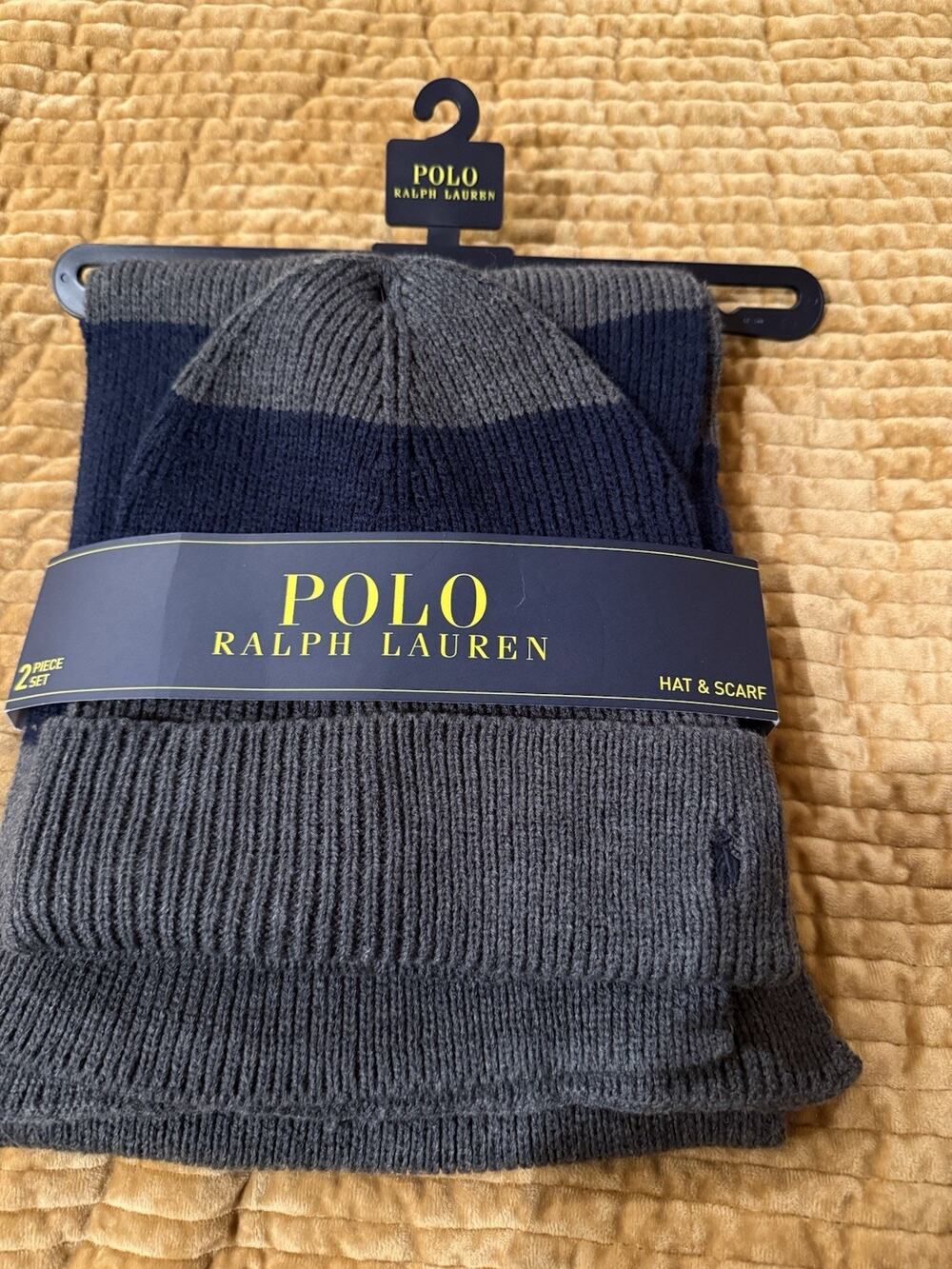 POLO Ralph Lauren Charcoal Gray/Navy Blue Embroidered Pony 2 Pc Hat & Scarf Set